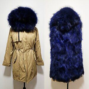 New Real Raccoon Fur-Lined Parka Coat Puffer Jacket Khaki Blue Ivory No Fox Mink